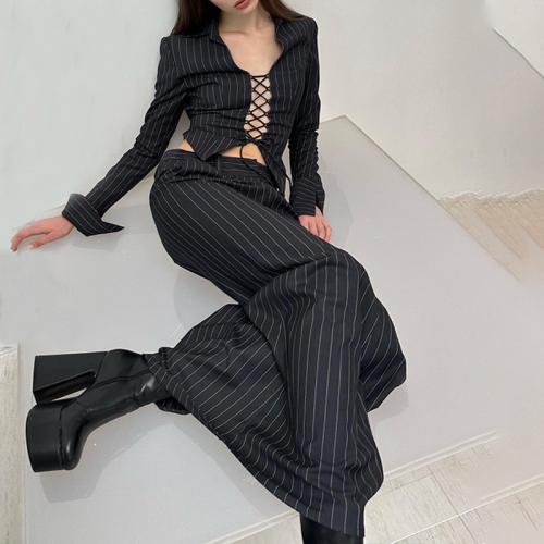 Satin Slim Two-Piece Dress Set & hollow patchwork striped black PC