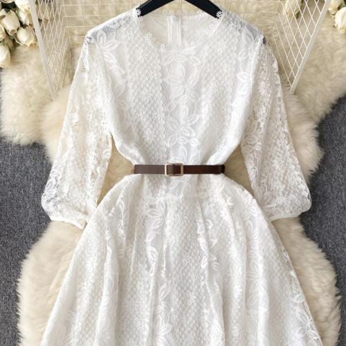 Mixed Fabric Waist-controlled One-piece Dress & breathable white PC