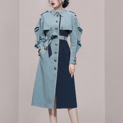 Polyester front slit Women Trench Coat mid-long style & slimming Solid PC