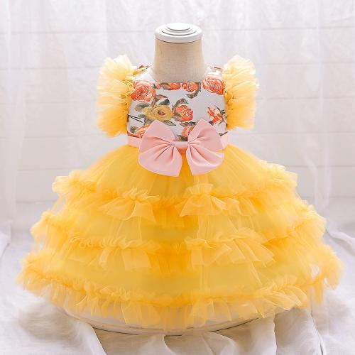 Gasa & Algodón Vestido de una sola pieza de la muchacha, impreso, floral, amarillo,  trozo