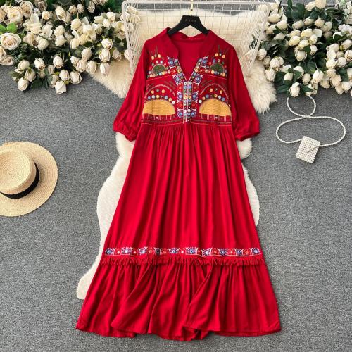 Polyester Waist-controlled One-piece Dress deep V & breathable embroidered : PC