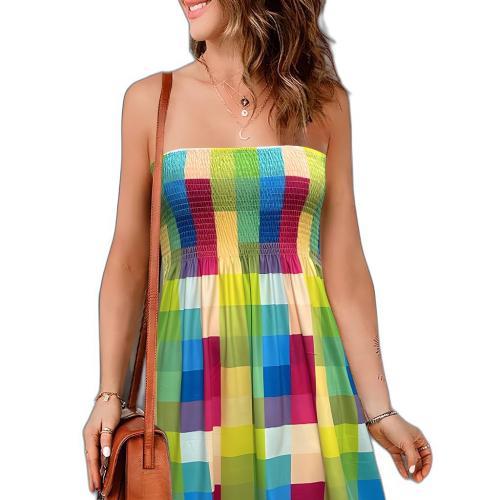 Polyester Tube Top Kleid, Gedruckt, Plaid, gemischte Farben,  Stück