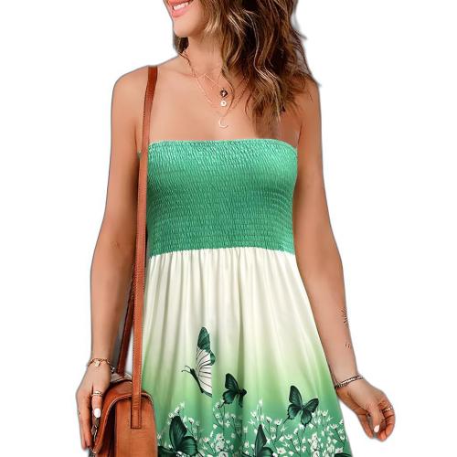 Polyester Slim Tube Top Dress & off shoulder printed butterfly pattern green PC