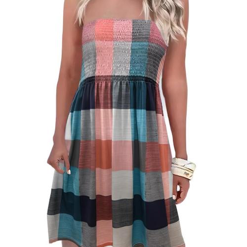 Polyester Slim Tube Top Dress & off shoulder printed plaid mixed colors PC
