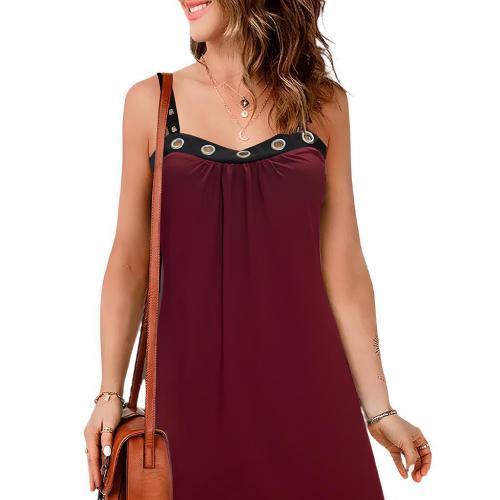 Polyester Slim & A-line Slip Dress patchwork Solid wine red PC