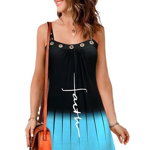 Polyester Slim & A-line Slip Dress & off shoulder printed black and blue PC