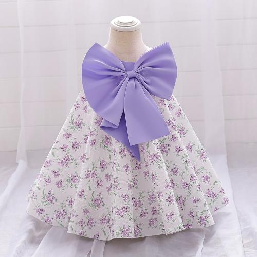 Cotton Soft & Ball Gown Girl One-piece Dress with bowknot printed shivering purple PC