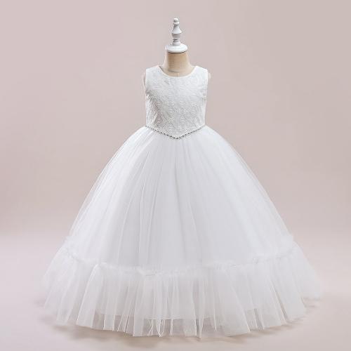 Gauze & Cotton Princess Girl One-piece Dress large hem design & breathable Solid white PC