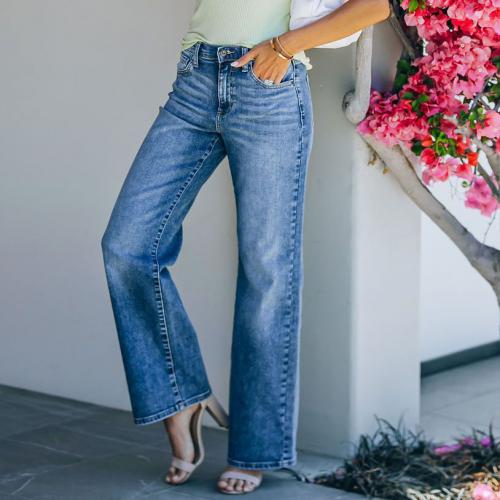 Denim Wide Leg Trousers Women Jeans slimming patchwork Solid blue PC
