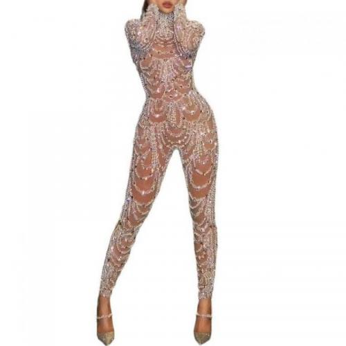 Sequin & Polyester Slim Long Jumpsuit see through look patchwork Solid PC