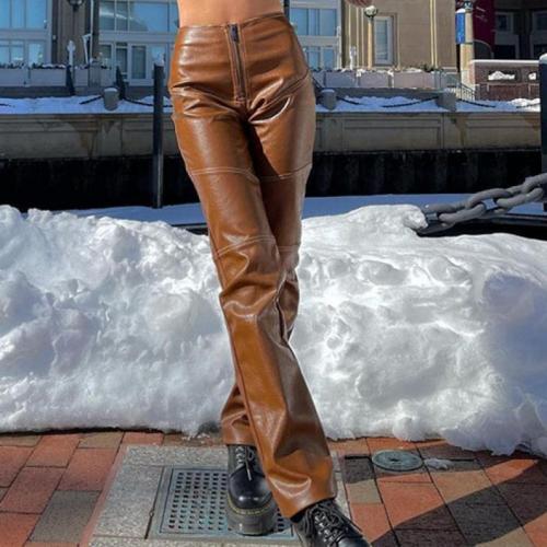 PU Leather Slim Women Long Trousers patchwork Solid PC