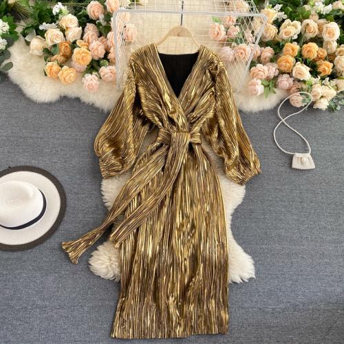 Polyester Waist-controlled One-piece Dress deep V & breathable gold : PC