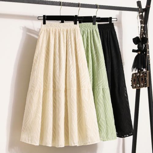 Polyester High Waist Maxi Skirt large hem design & mid-long style & slimming jacquard Solid : PC
