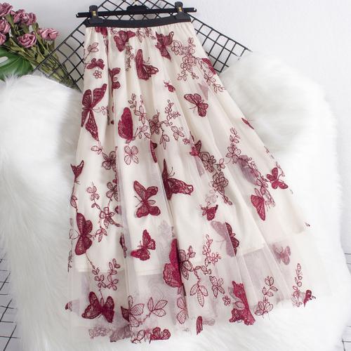 Gauze & Polyester High Waist Maxi Skirt large hem design & mid-long style & slimming embroidered butterfly pattern : PC
