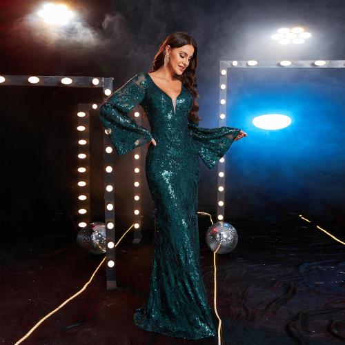 Sequin & Polyester floor-length Long Evening Dress see through look & deep V Solid green PC