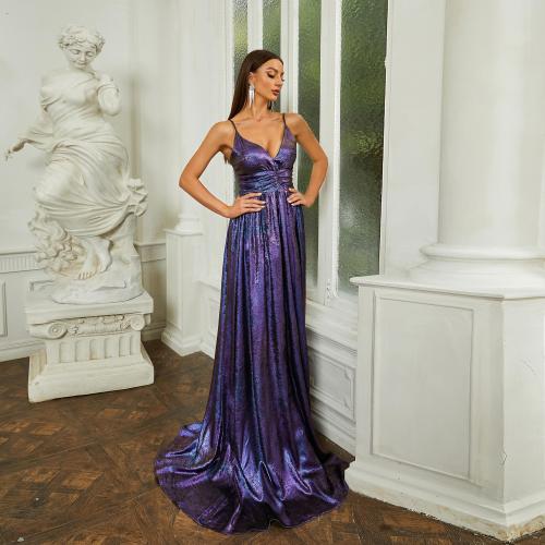 Sequin & Polyester floor-length Long Evening Dress deep V & backless Solid purple PC