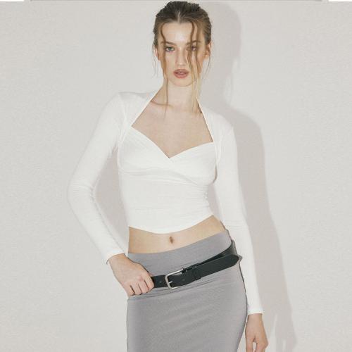 Polyester Women Long Sleeve T-shirt midriff-baring & deep V & breathable Solid PC
