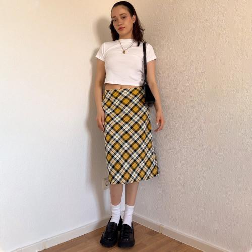 Mixed Fabric & Cotton Soft & Straight & High Waist Maxi Skirt printed plaid yellow PC