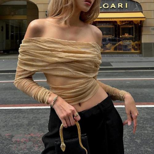 Polyester Slim Women Long Sleeve T-shirt midriff-baring knitted Solid khaki PC