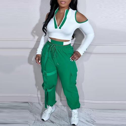 Polyester Women Casual Set & hollow Long Trousers & long sleeve blouses patchwork green Set