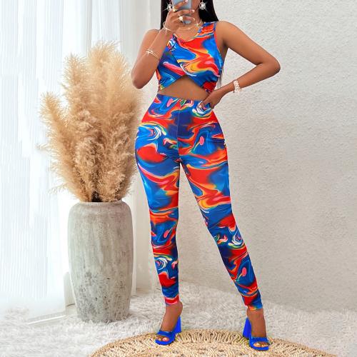 Polyester Women Casual Set & skinny Long Trousers & tank top printed blue Set