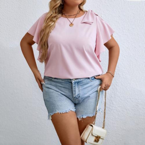 Polyester Plus Size Women Short Sleeve T-Shirts & loose patchwork Solid pink PC