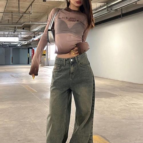 Polyester Slim Women Long Sleeve T-shirt printed brown PC