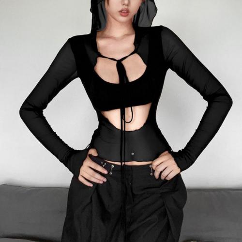 Polyester Women Long Sleeve T-shirt midriff-baring & hollow patchwork Solid PC