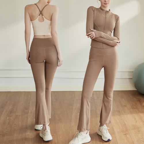 Spandex & Polyester bell-bottom Women Yoga Clothes Set & three piece Long Trousers & tank top & coat Set
