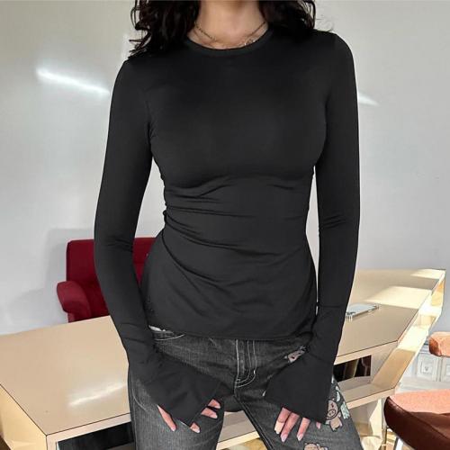 Polyester Slim Women Long Sleeve T-shirt irregular patchwork Solid black PC