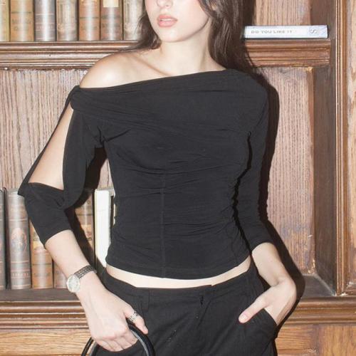 Polyester Women Long Sleeve T-shirt & off shoulder patchwork Solid black PC