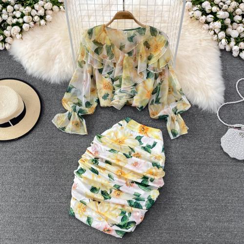 Viscose scallop & Slim & High Waist Two-Piece Dress Set printed floral yellow Set