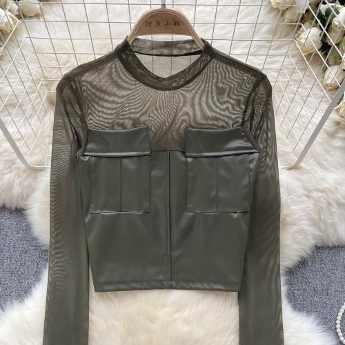 PU Leather & Gauze Slim Women Long Sleeve Blouses see through look patchwork : PC