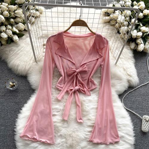 Mixed Fabric Slim Women Long Sleeve Blouses see through look : PC