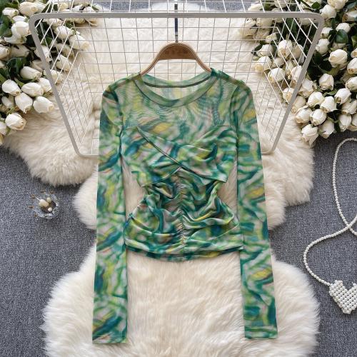 Mixed Fabric Slim Women Long Sleeve Blouses see through look printed : PC