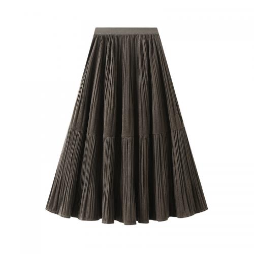 Pleuche Pleated Maxi Skirt large hem design & flexible Solid : PC