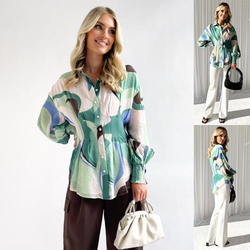 Polyester Women Long Sleeve Blouses & loose printed green PC