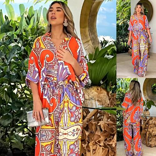 Polyester Women Casual Set & two piece & loose Pants & top printed multi-colored Set