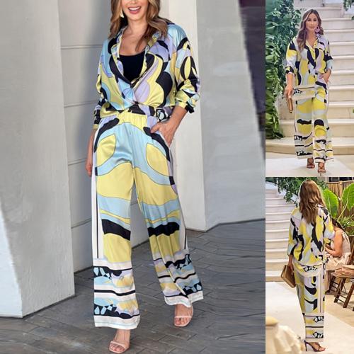 Polyester Women Casual Set & two piece & loose Pants & top printed striped yellow Set