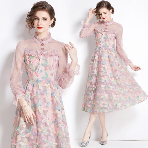 Polyester Slim One-piece Dress floral pink PC