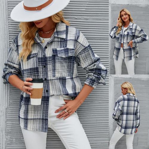 Polyester Women Long Sleeve Shirt & loose plaid white and black PC