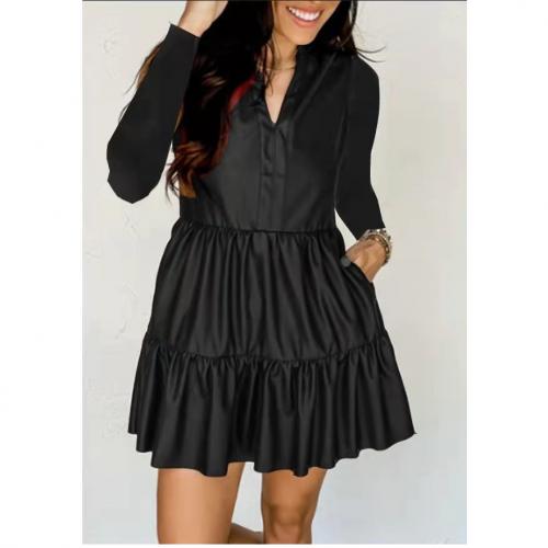 Polyester Pleated One-piece Dress patchwork Solid black PC