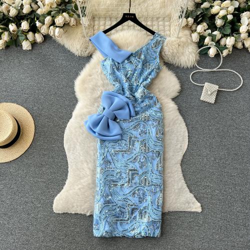 Sequin & Polyester Slim & Plus Size Long Evening Dress patchwork blue PC