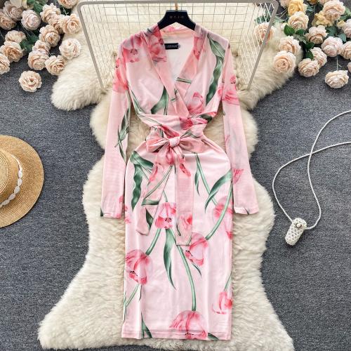 Polyester Slim One-piece Dress deep V printed floral PC