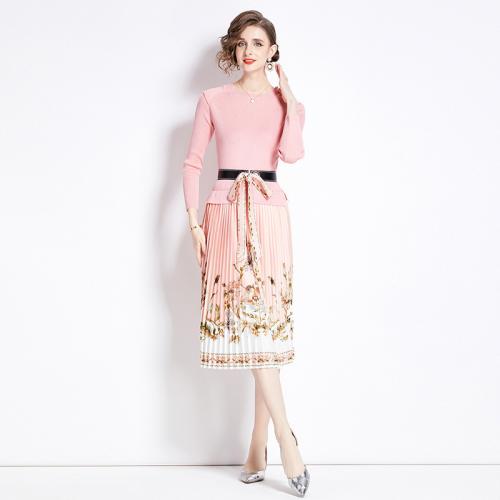 Polyester Soft & Pleated One-piece Dress slimming printed floral pink PC