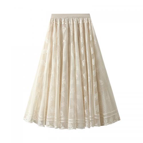 Lace & Polyester Pleated Maxi Skirt large hem design & slimming Solid : PC