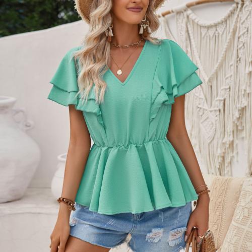 Polyester scallop & Slim Women Short Sleeve T-Shirts patchwork Solid PC