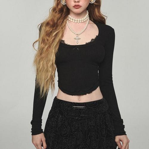 Polyester Slim Women Long Sleeve T-shirt midriff-baring patchwork Solid PC