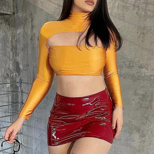 Polyester Women Long Sleeve T-shirt midriff-baring & hollow patchwork Solid orange PC