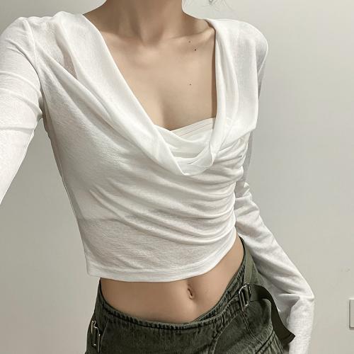 ポリエステル 女性ロングスリーブTシャツ パッチワーク 単色 白 一つ